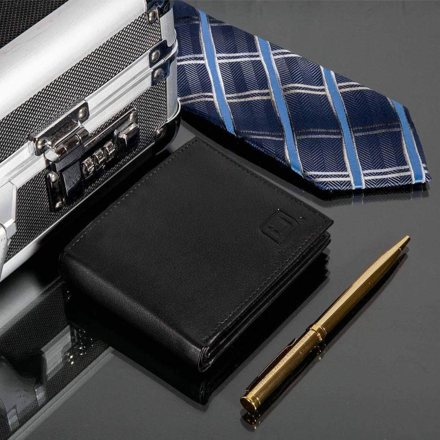 Black bifold wallet closed with embossed logo, shown with open card compartments