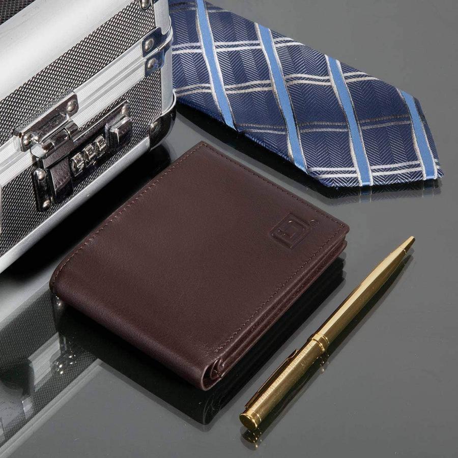 Men's RFID bifold wallet in brown, closed exterior with subtle embossed logo
