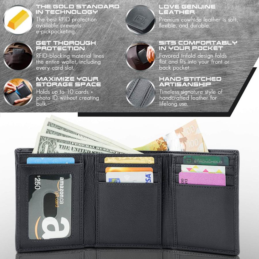 Black trifold wallet opened to show card slots and clear ID window