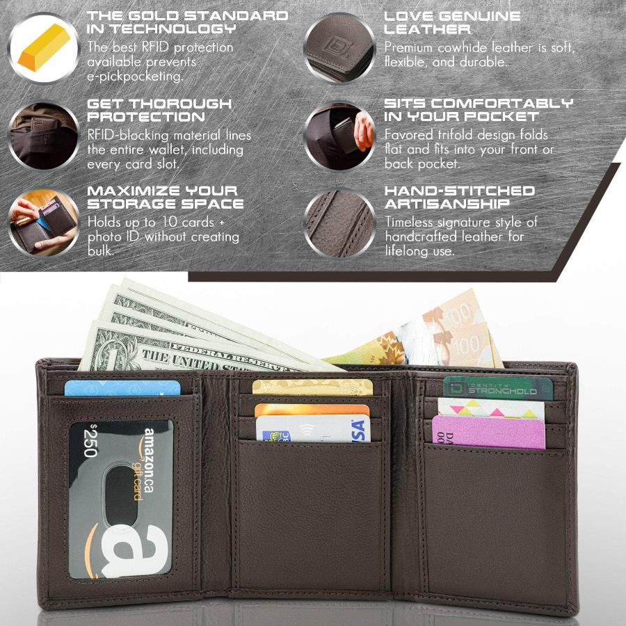 Brown trifold wallet open, shows card slots and clear ID window