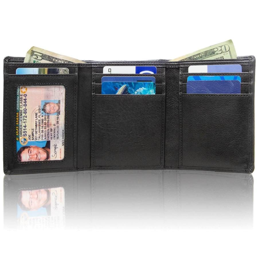 Black trifold wallet interior view with ID window and multiple card slots