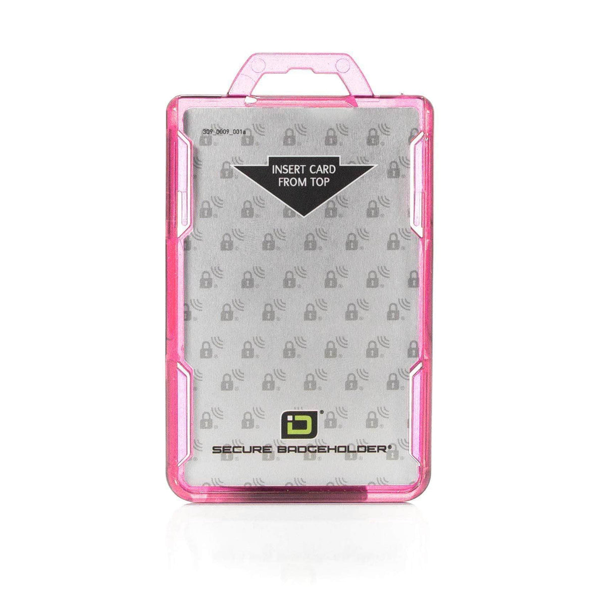 Pink RFID-blocking portrait badge holder, front view with top card insert window
