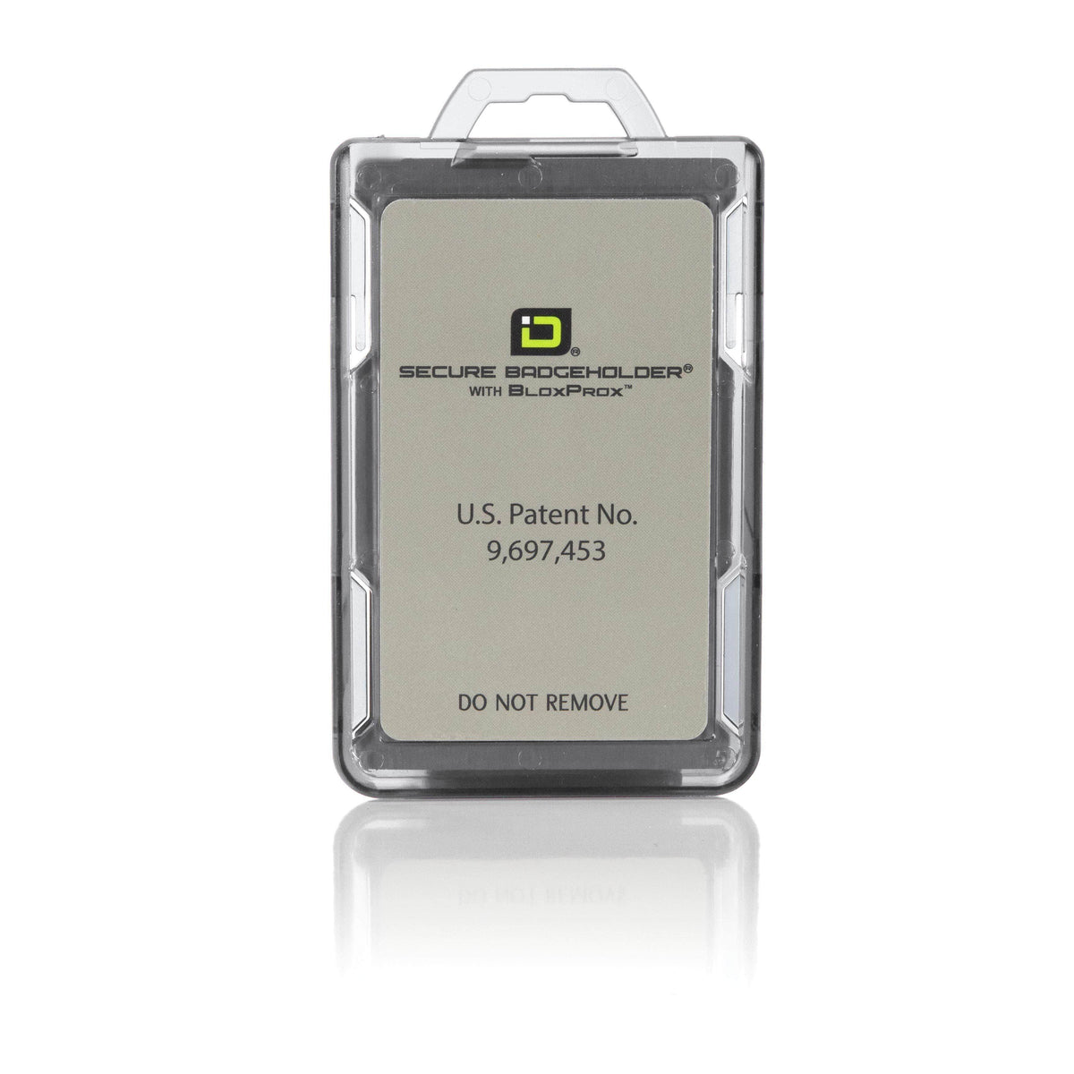 Clear RFID-blocking portrait badge holder, back view with patent text panel
