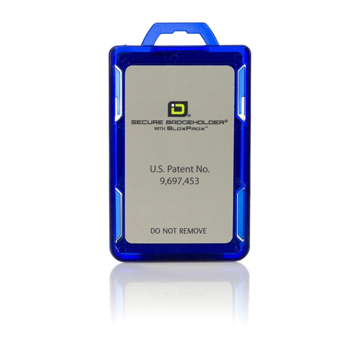 Blue RFID-blocking portrait badge holder, back view with patent text panel