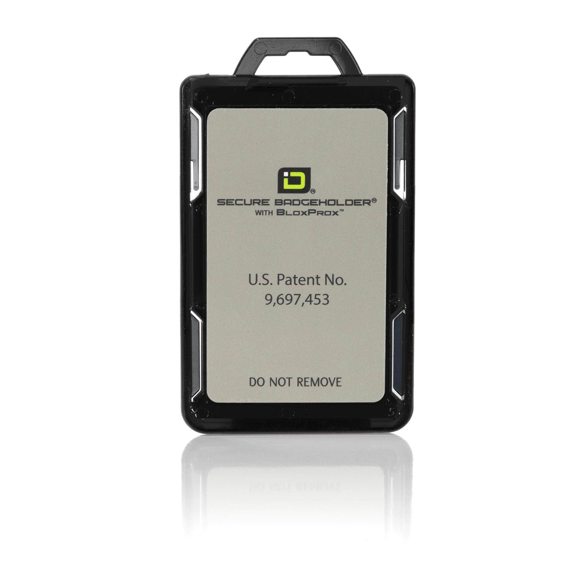 Black RFID-blocking portrait badge holder back view with patent text panel