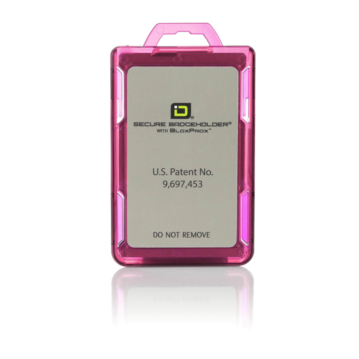 Pink RFID-blocking portrait badge holder, back view with patent text panel