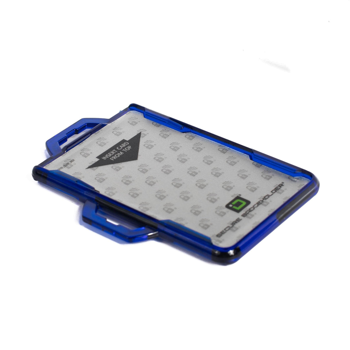 Blue badge holder angled view with open clear front and patterned back