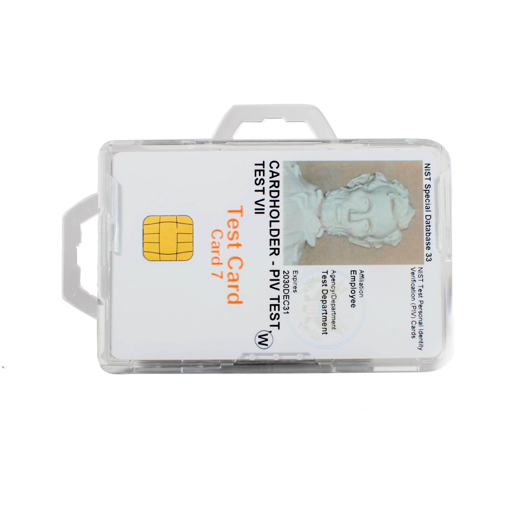 Clear badge holder angled front view with clear window and test ID card
