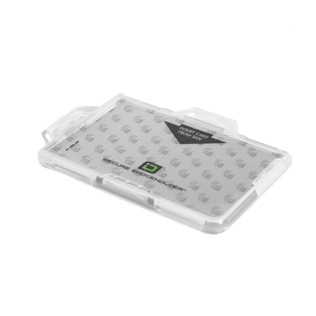 Transparent badge holder with card insert from side label, hinged dual-hook backing.