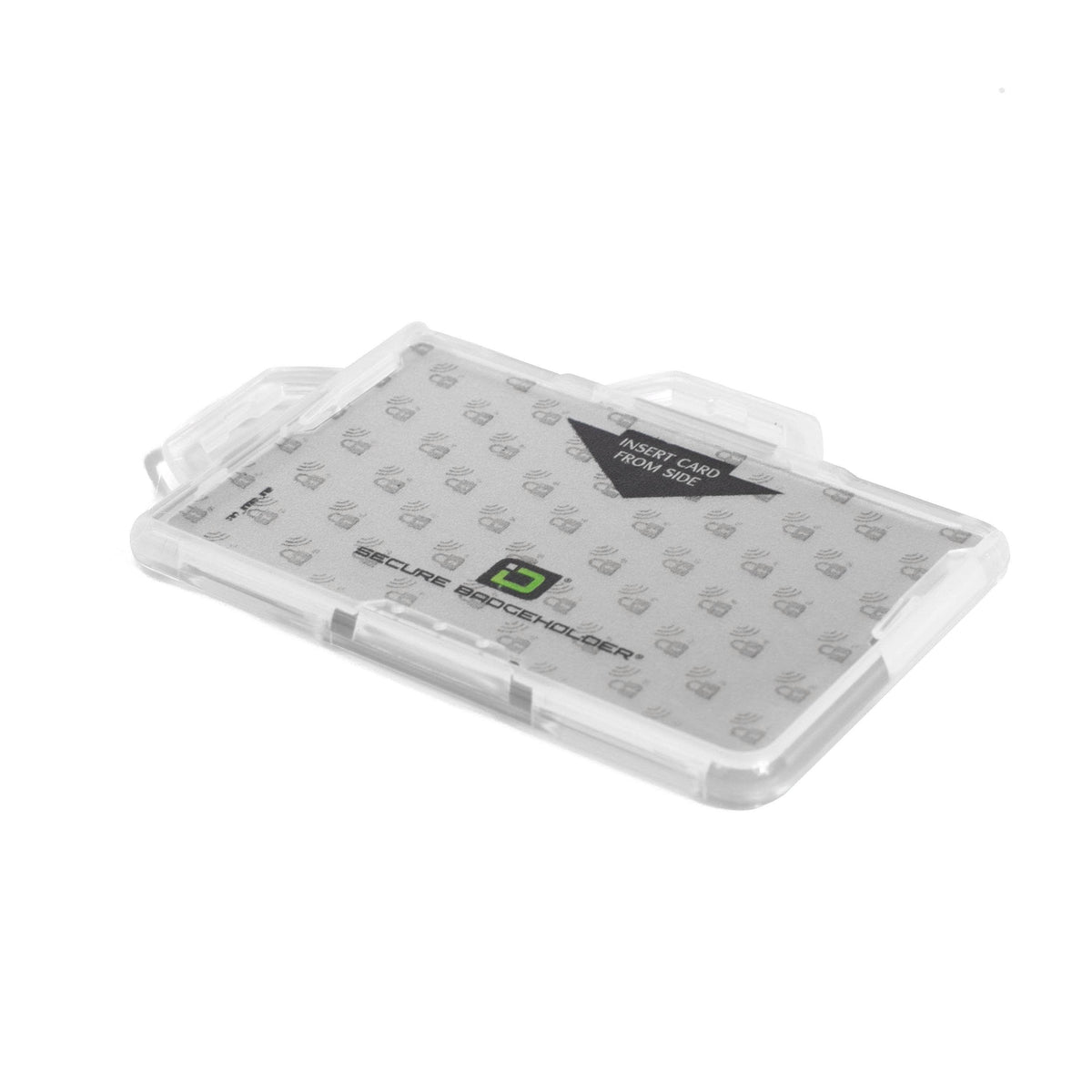 Transparent badge holder with card insert from side label, hinged dual-hook backing.