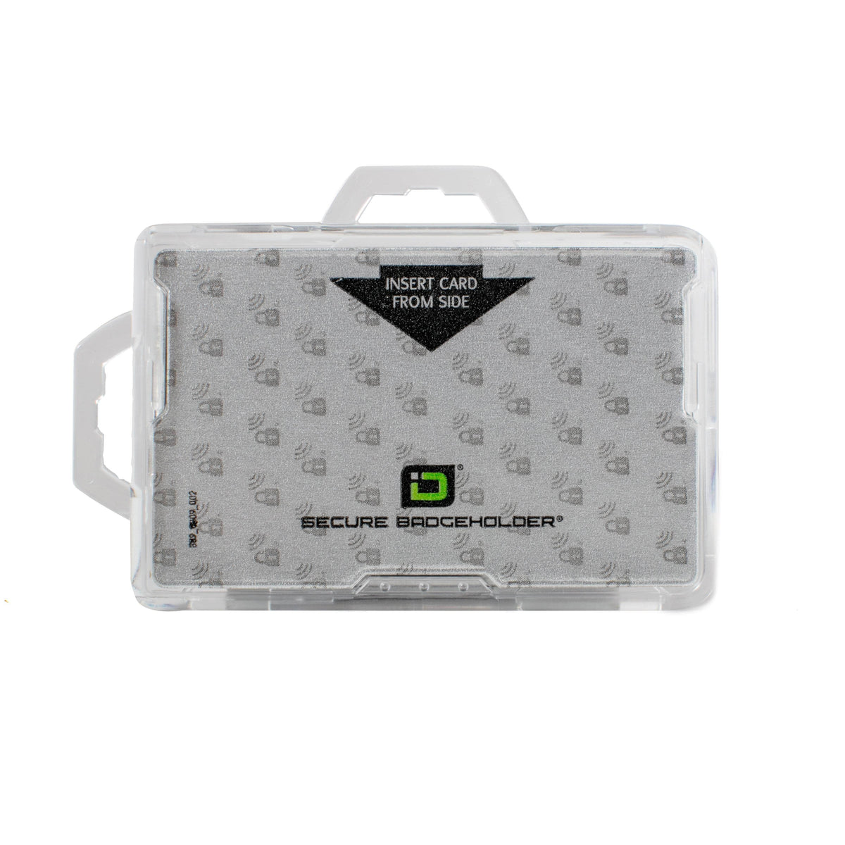 Clear badge holder with top handle, transparent cover, card insert from top label.