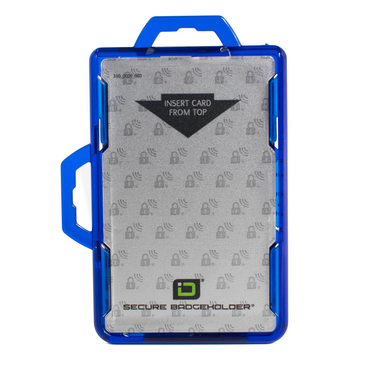 Blue badge holder back view with clear window and Secure Badgeholder logo