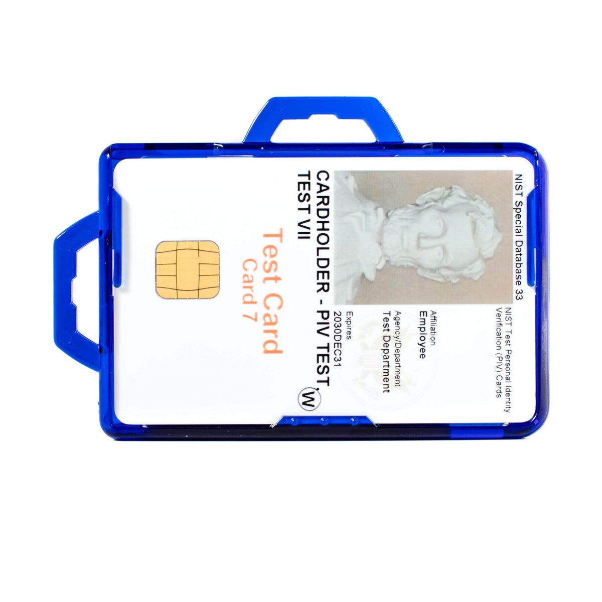 Blue badge holder front with clear window and test ID card, cardholder label text visible