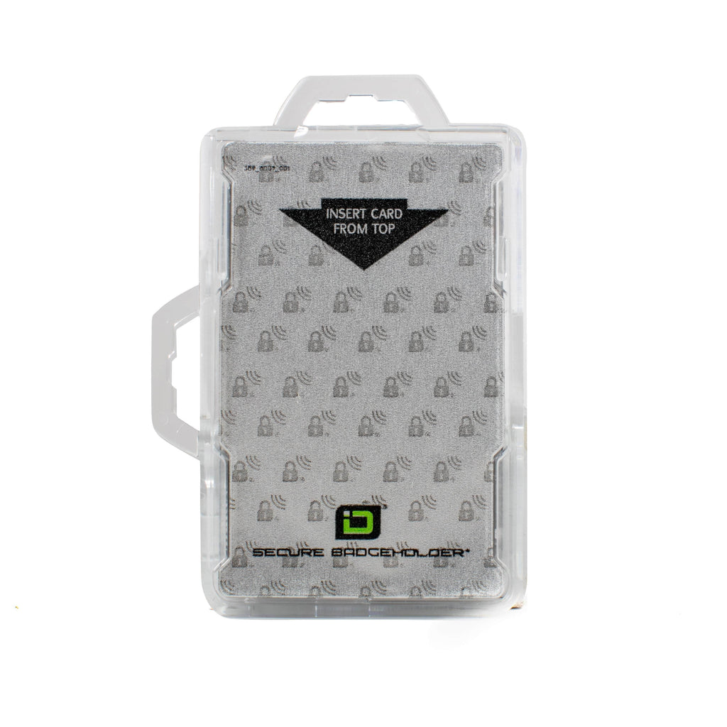 Clear badge holder back view with patterned surface and Secure Badgeholder logo