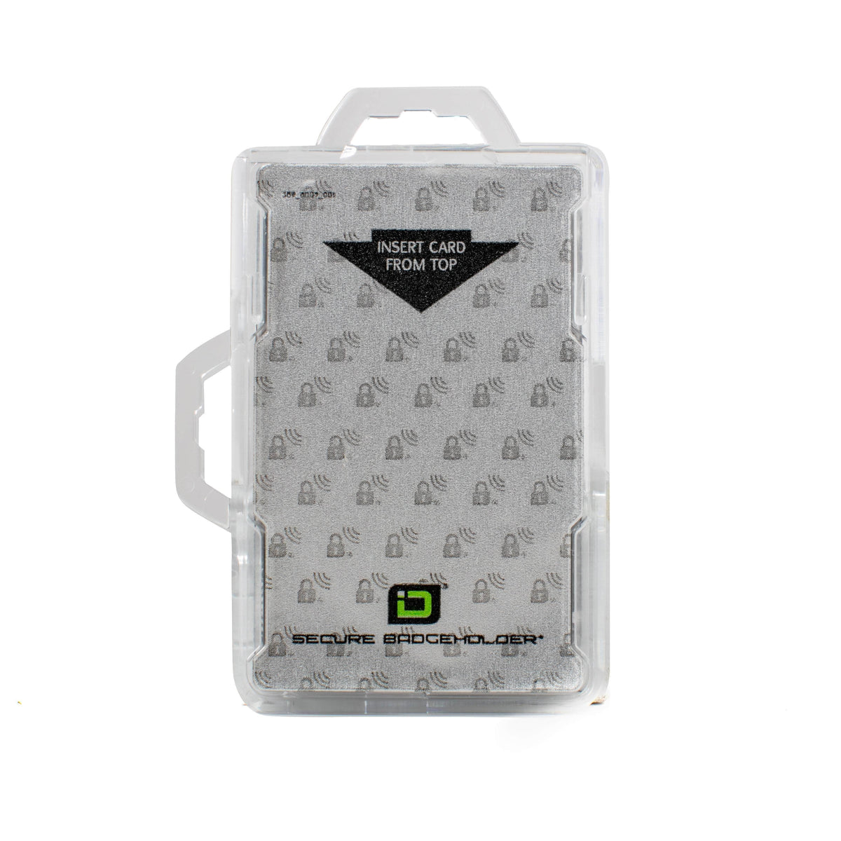 Clear badge holder back view with patterned surface and Secure Badgeholder logo
