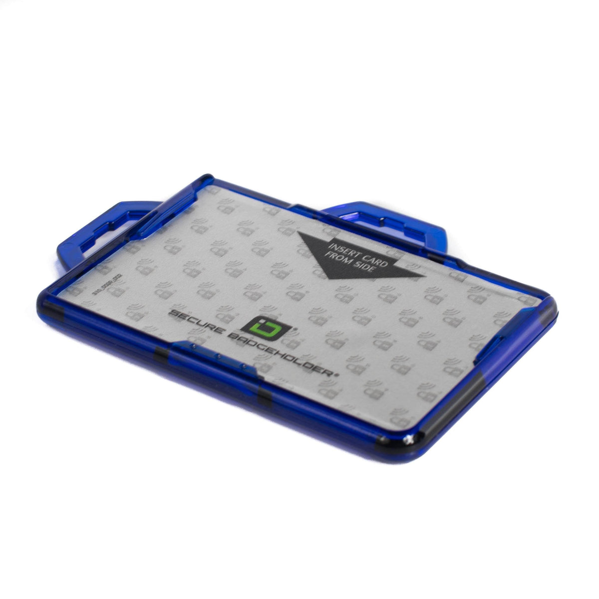 Blue badge holder angled view showing clear panel and top card entry