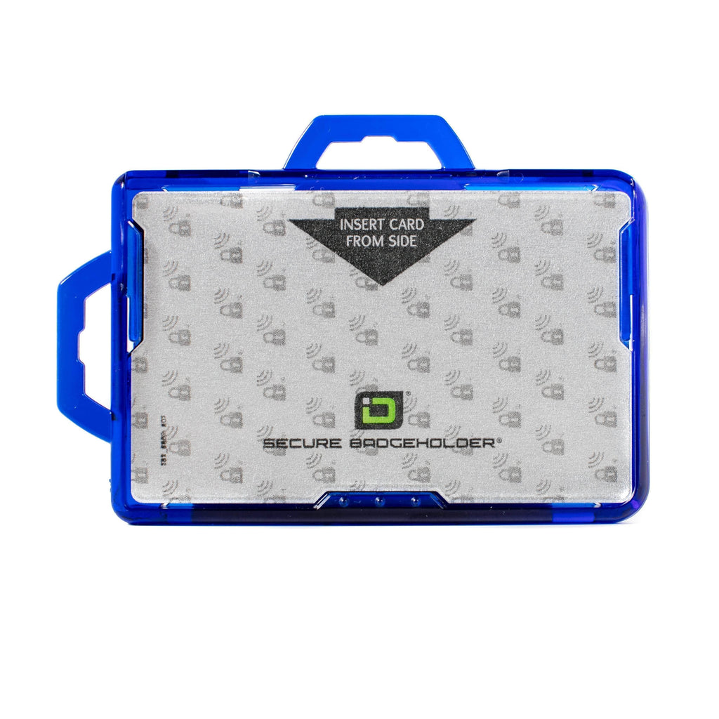 Blue badge holder back panel with pattern, clear top opening, Secure Badgeholder logo