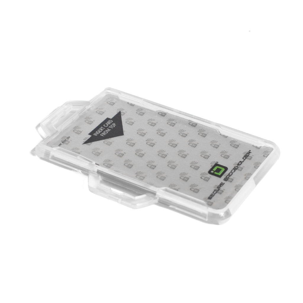 Transparent badge holder with card insert from top label and hinged dual-hook backing.