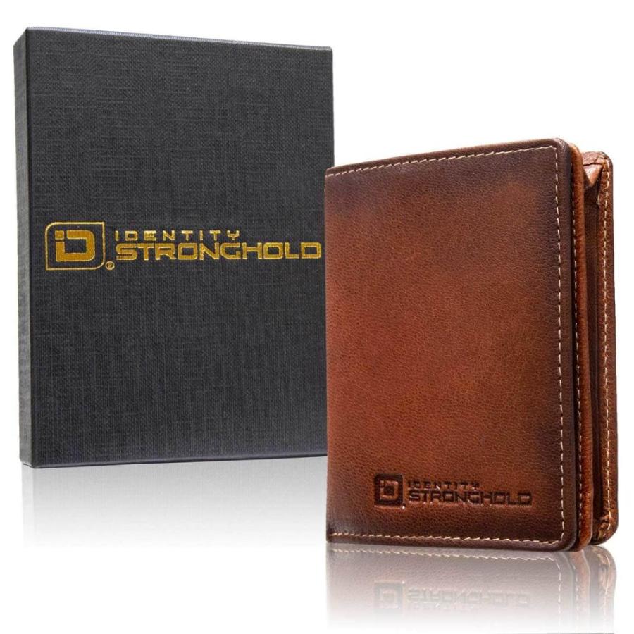 Brown leather-like bi-fold wallet next to black gift box with yellow logo