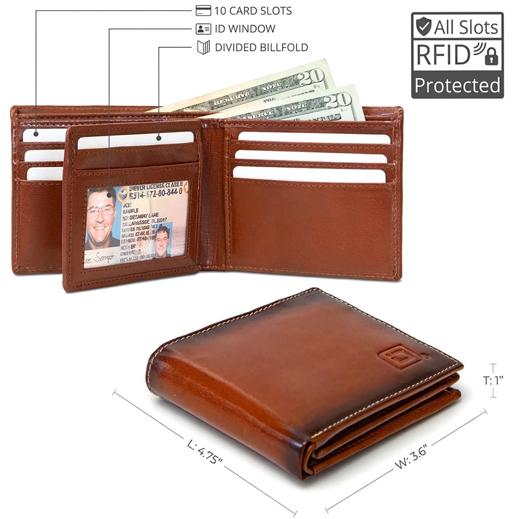 Brown bifold wallet open with ID window and card slots