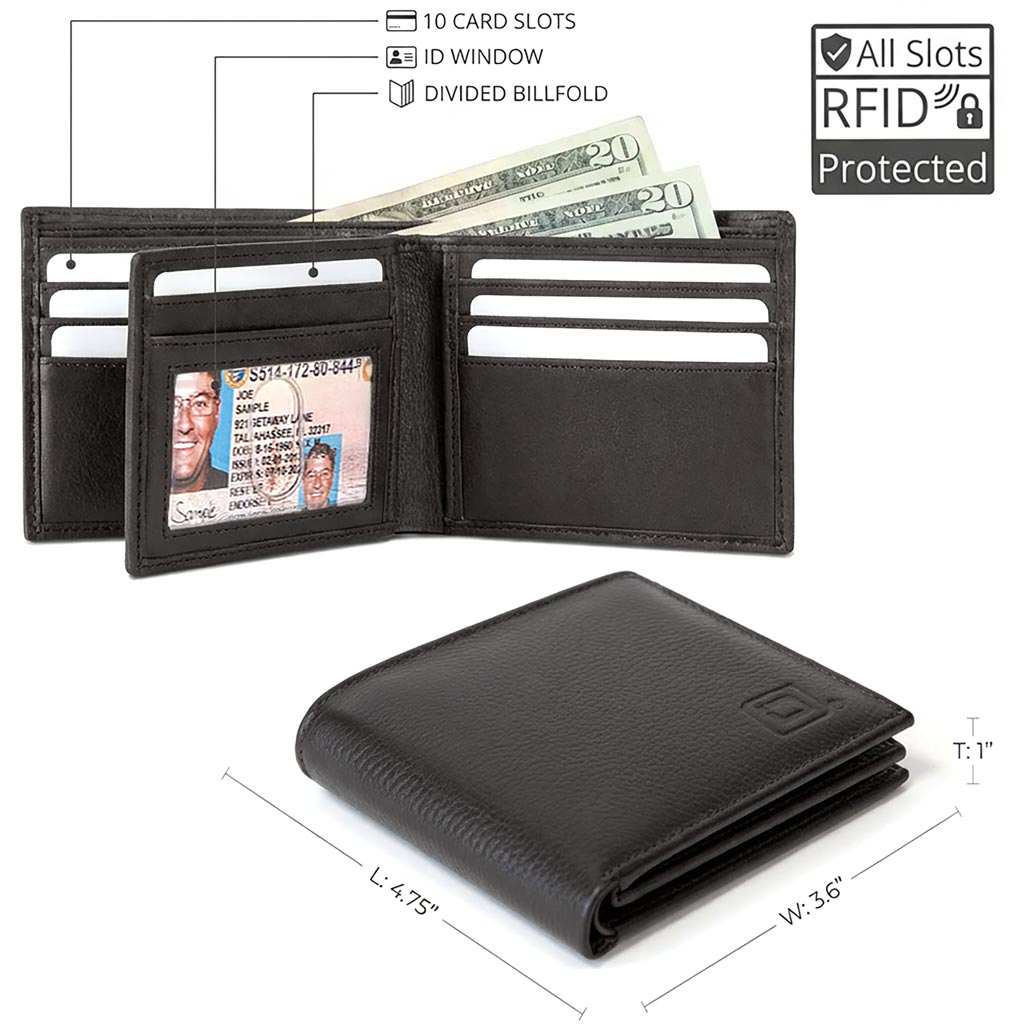 Men's bifold wallet in dark brown with ID window and RFID-protected card slots