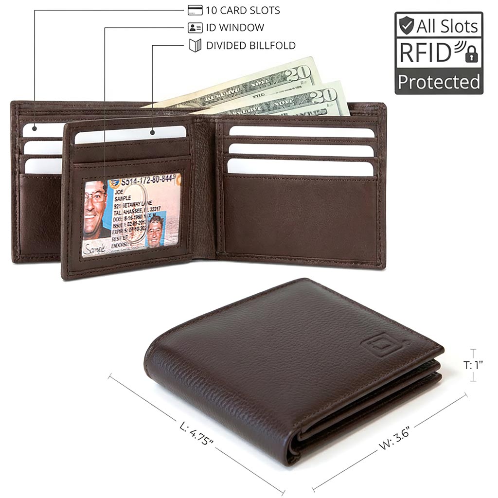 Dark brown bifold wallet set showing ID window, card slots, and size dimensions