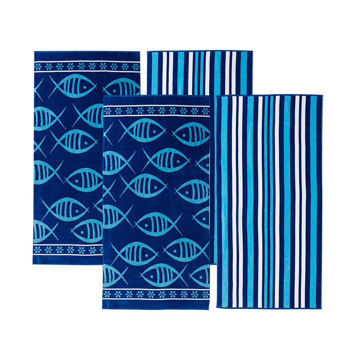 Set of blue cotton velour beach towels with fish and vertical stripe patterns