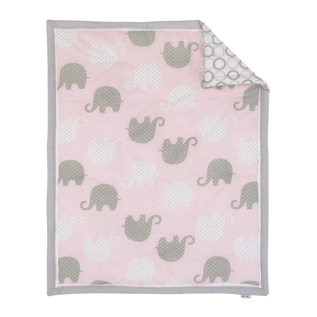 Square baby blanket with pink background, grey and white elephant pattern, and grey trim