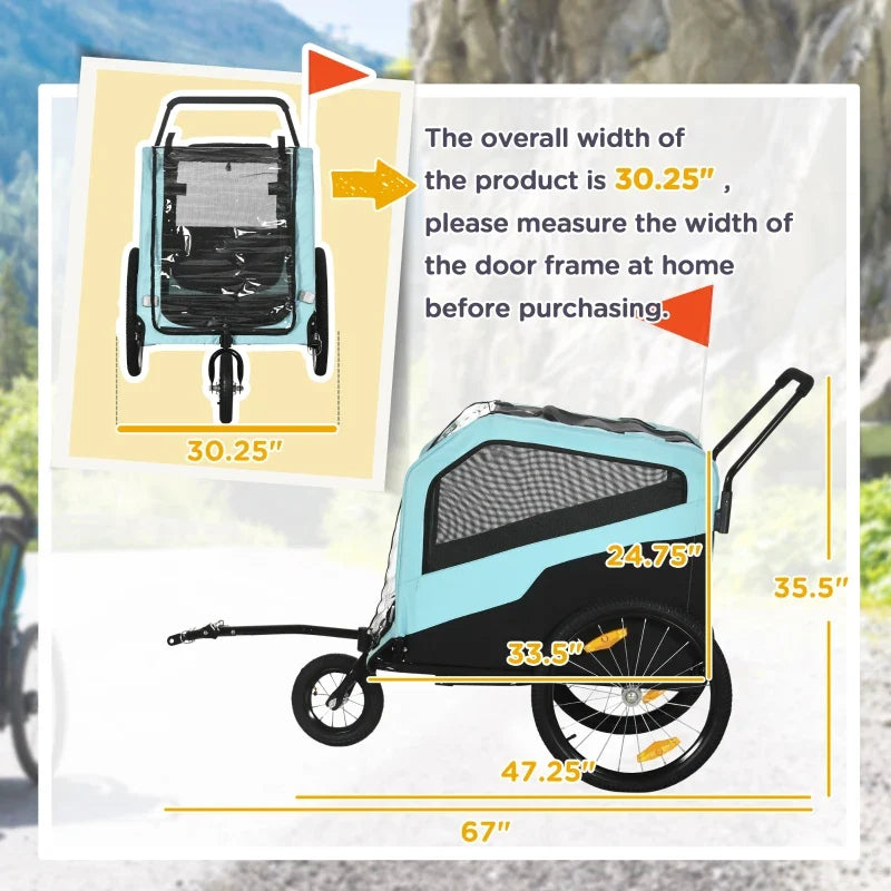 Blue 2-in-1 dog bike trailer stroller carrier with mesh windows and black handle