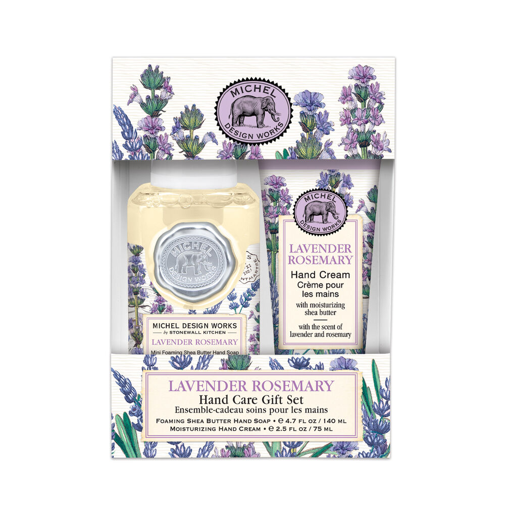 Lavender rosemary hand care gift set with hand cream and lotion in gift box