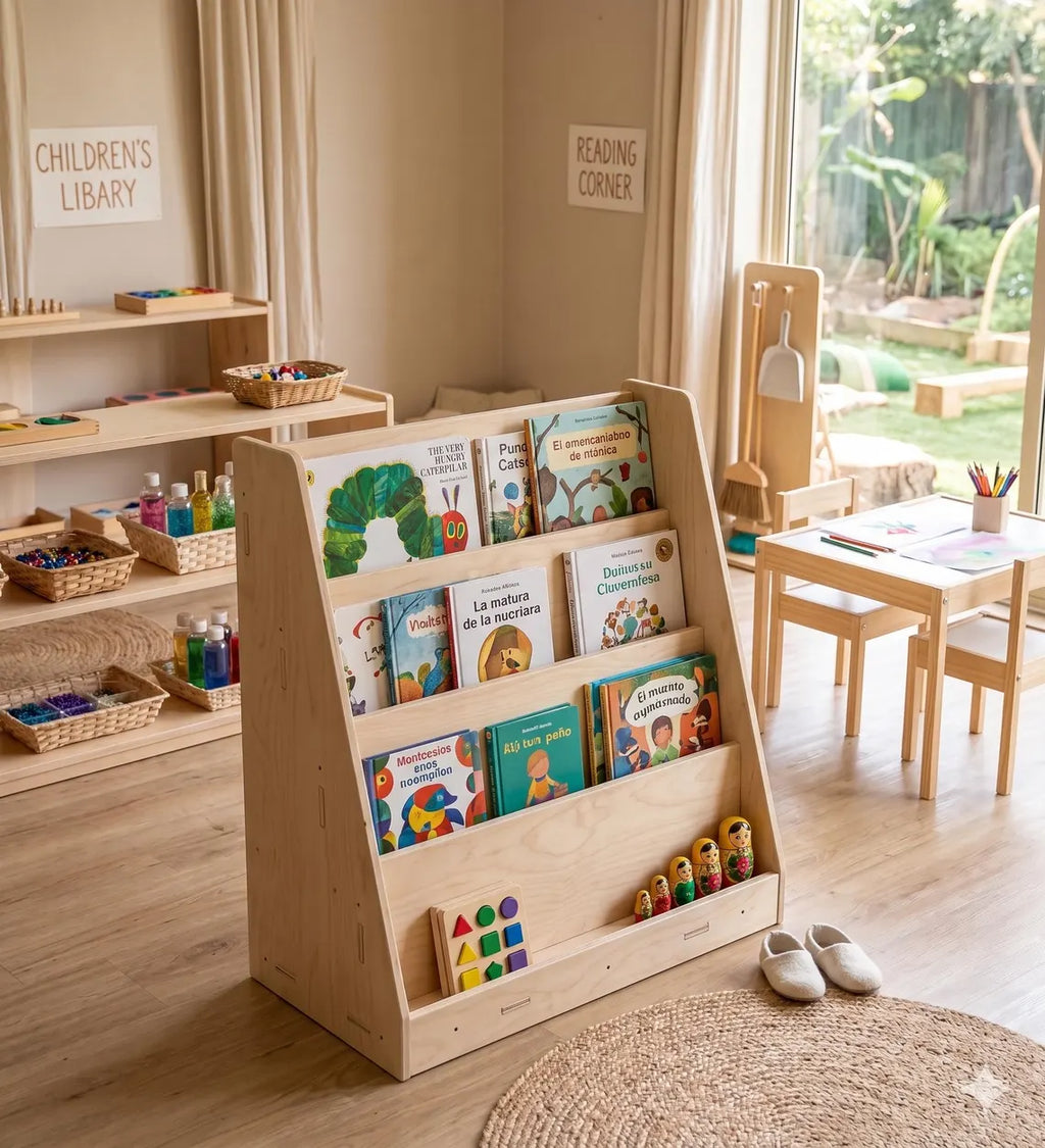 JENN- Montessori front-facing wooden bookshelf with three open book shelves
