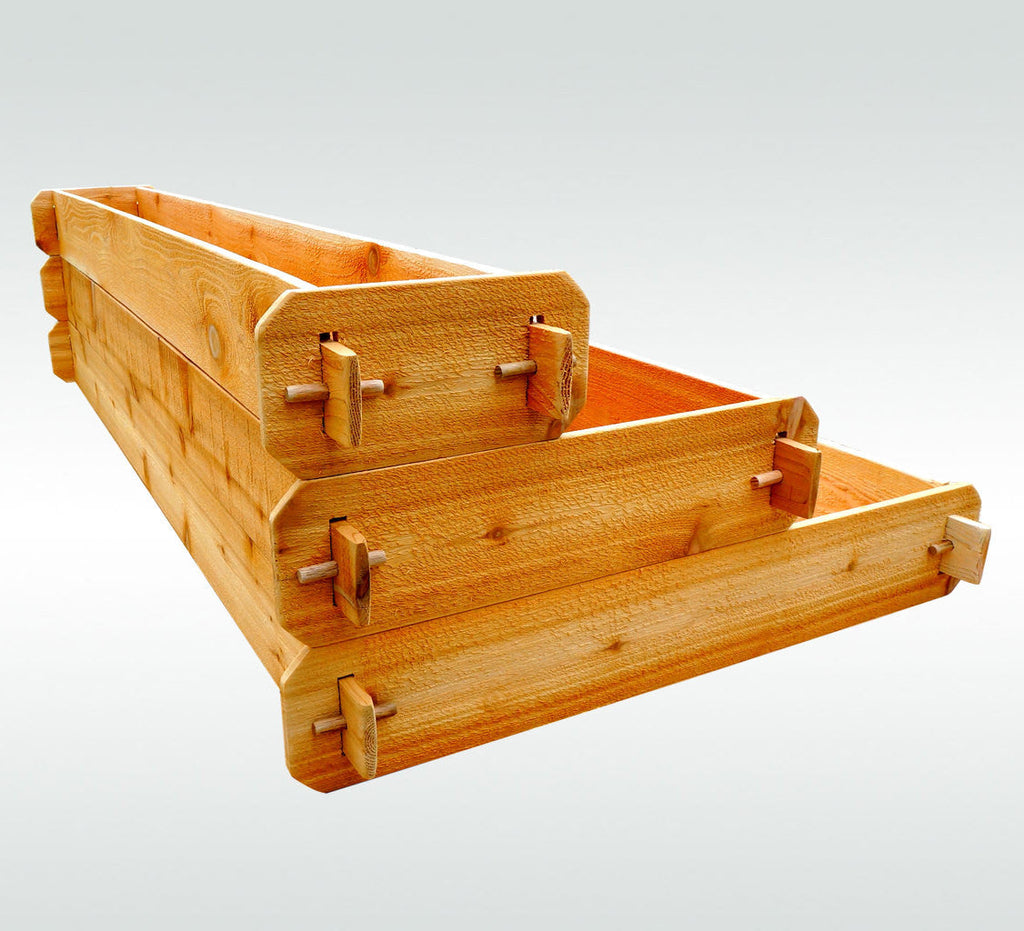 Cedar raised garden bed planter with slatted sides and corner fasteners across three tiers