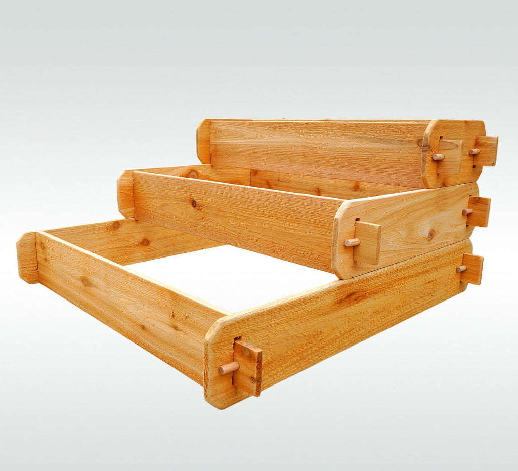 3-tier cedar raised garden bed kit with three open compartments and sturdy end brackets
