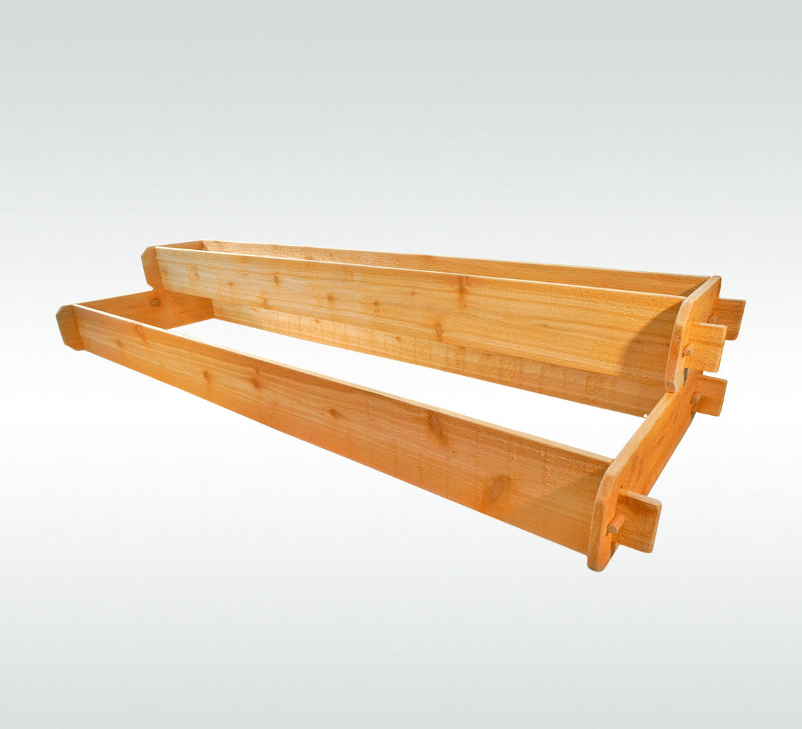 Cedar raised garden bed kit showing interior base and slatted side rails