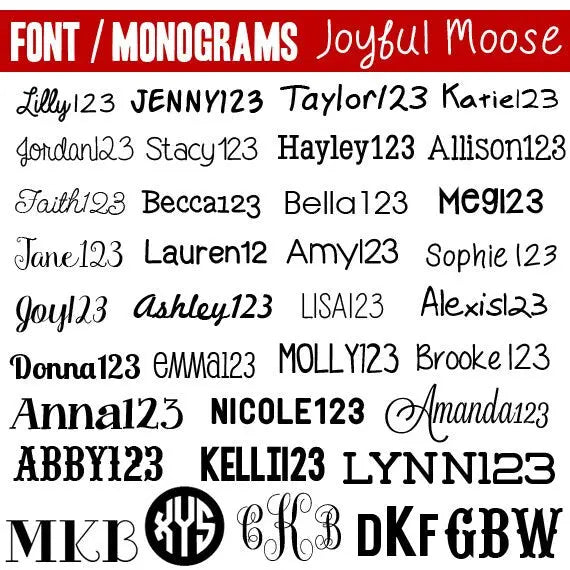 Name-tag font and monogram sample sheet with cursive and printed name examples