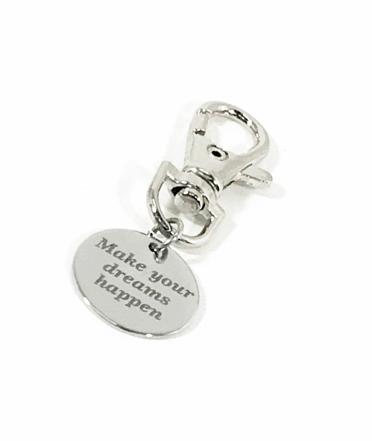 Silver luggage tag zipper pull with heart-shaped engraved motivational wording and metal loop.