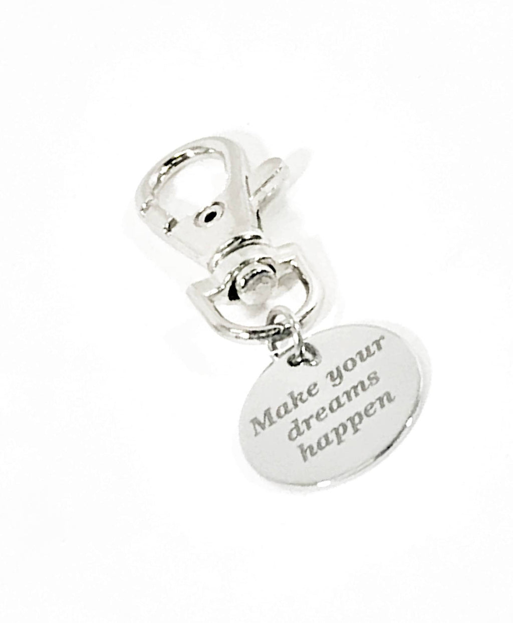 Silver metal bag tag zipper pull featuring a heart-shaped engraved charm with swivel clasp.
