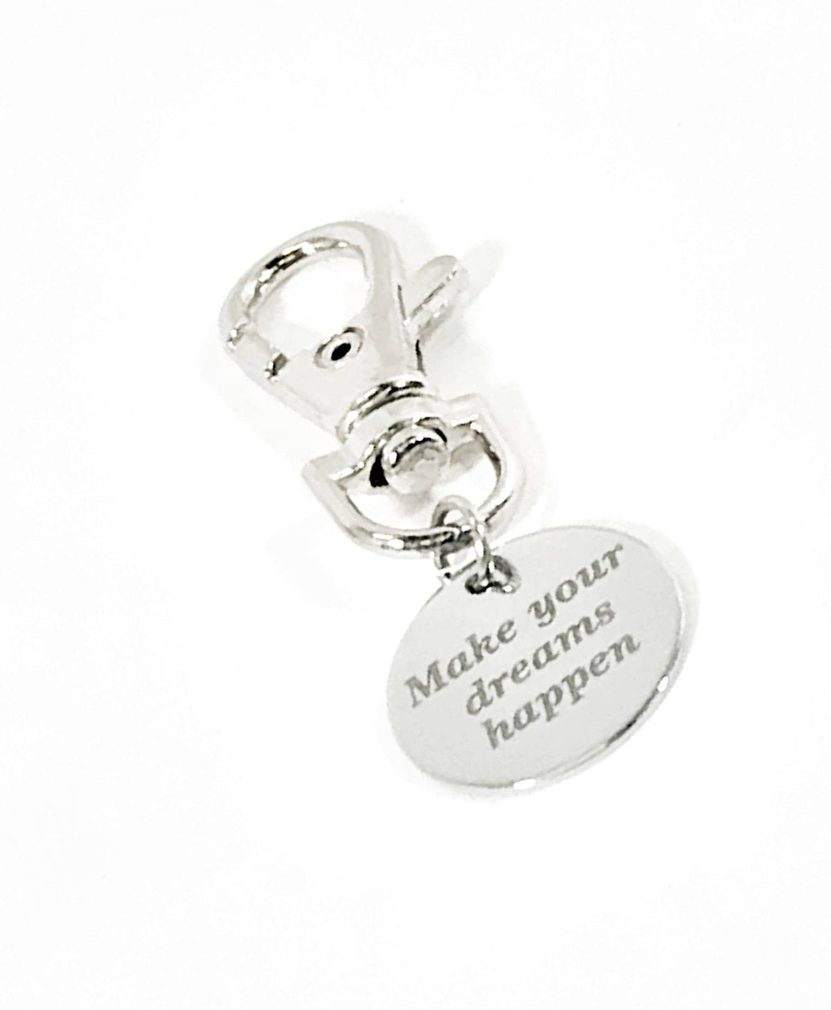 Silver metal bag tag zipper pull featuring a heart-shaped engraved charm with swivel clasp.