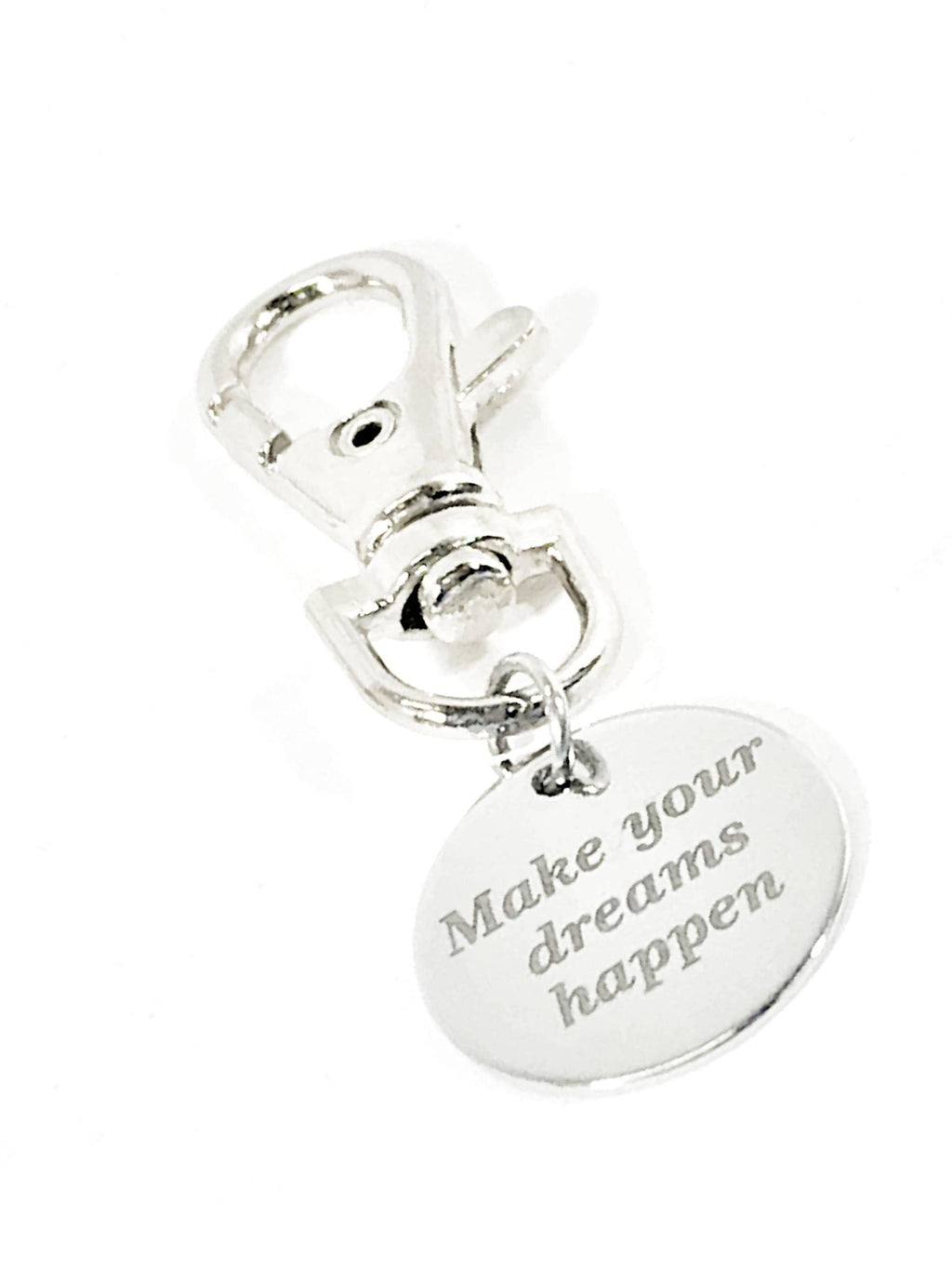 Silver metal zipper pull tag with heart-shaped engraved quote and front-facing clasp.