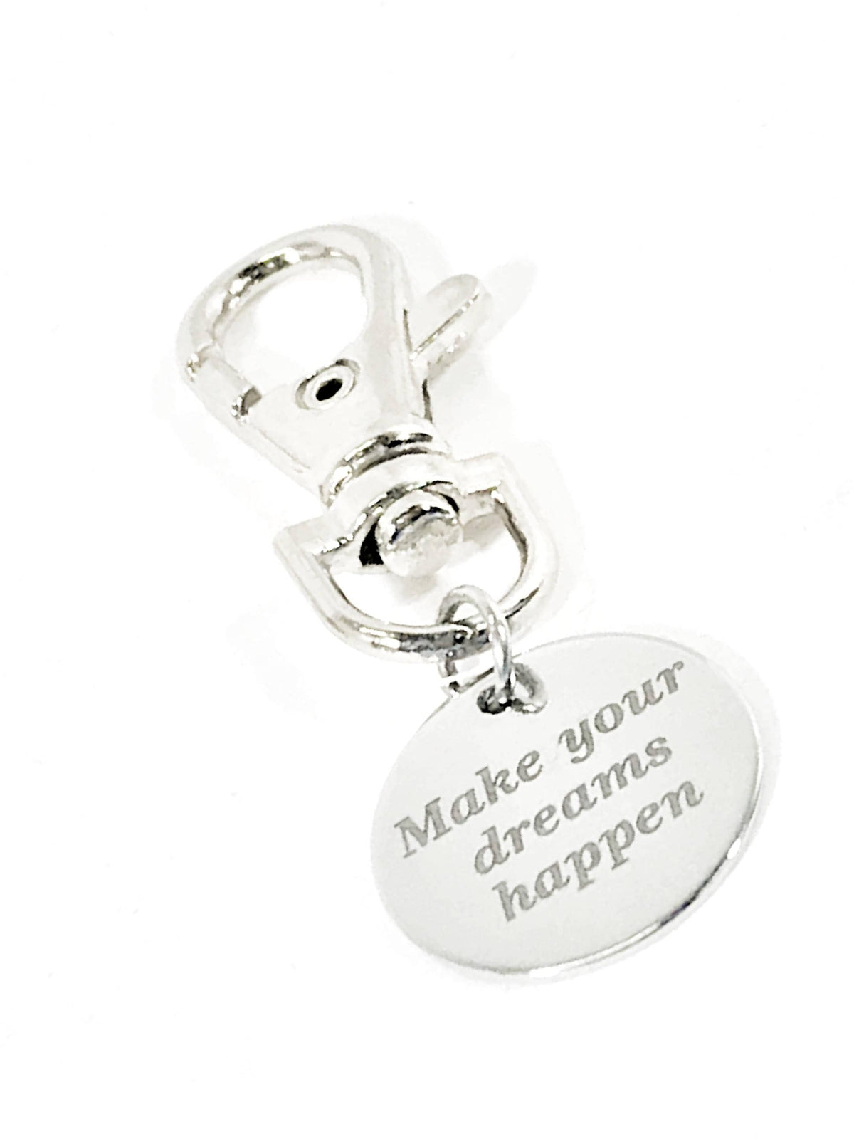 Silver metal zipper pull tag with heart-shaped engraved quote and front-facing clasp.