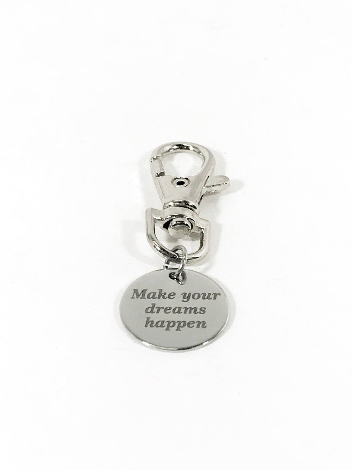 Silver bag zipper pull luggage tag with heart-shaped engraved text and metal swivel attachment.