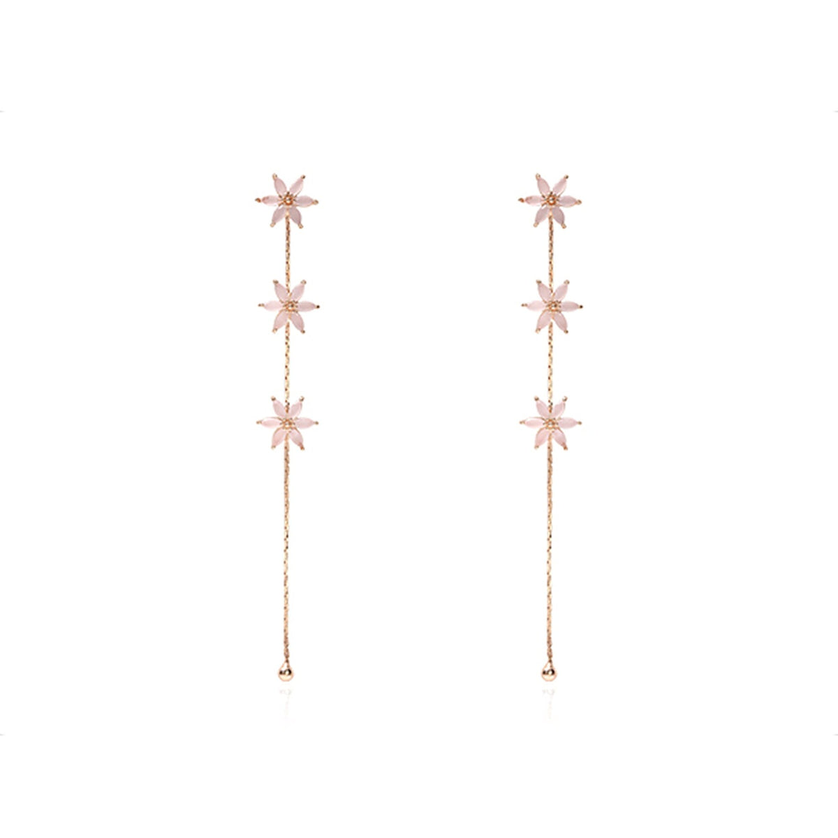 Rose gold sakura flower drop earrings with three dangling blossoms and chain