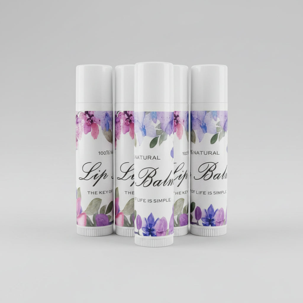 Set of floral lip balm chapsticks, white tubes with purple and pink flower labels