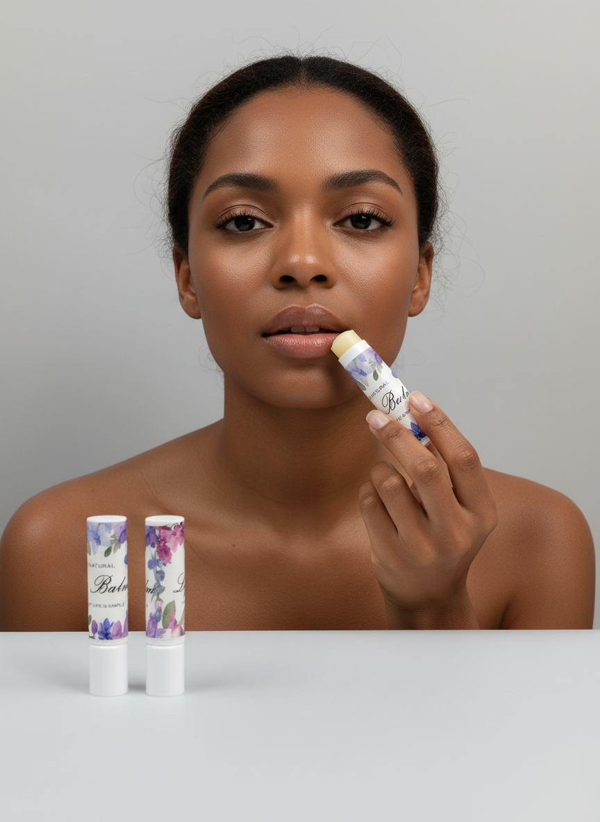Woman applying floral chapstick from white tube with purple and pink flower print