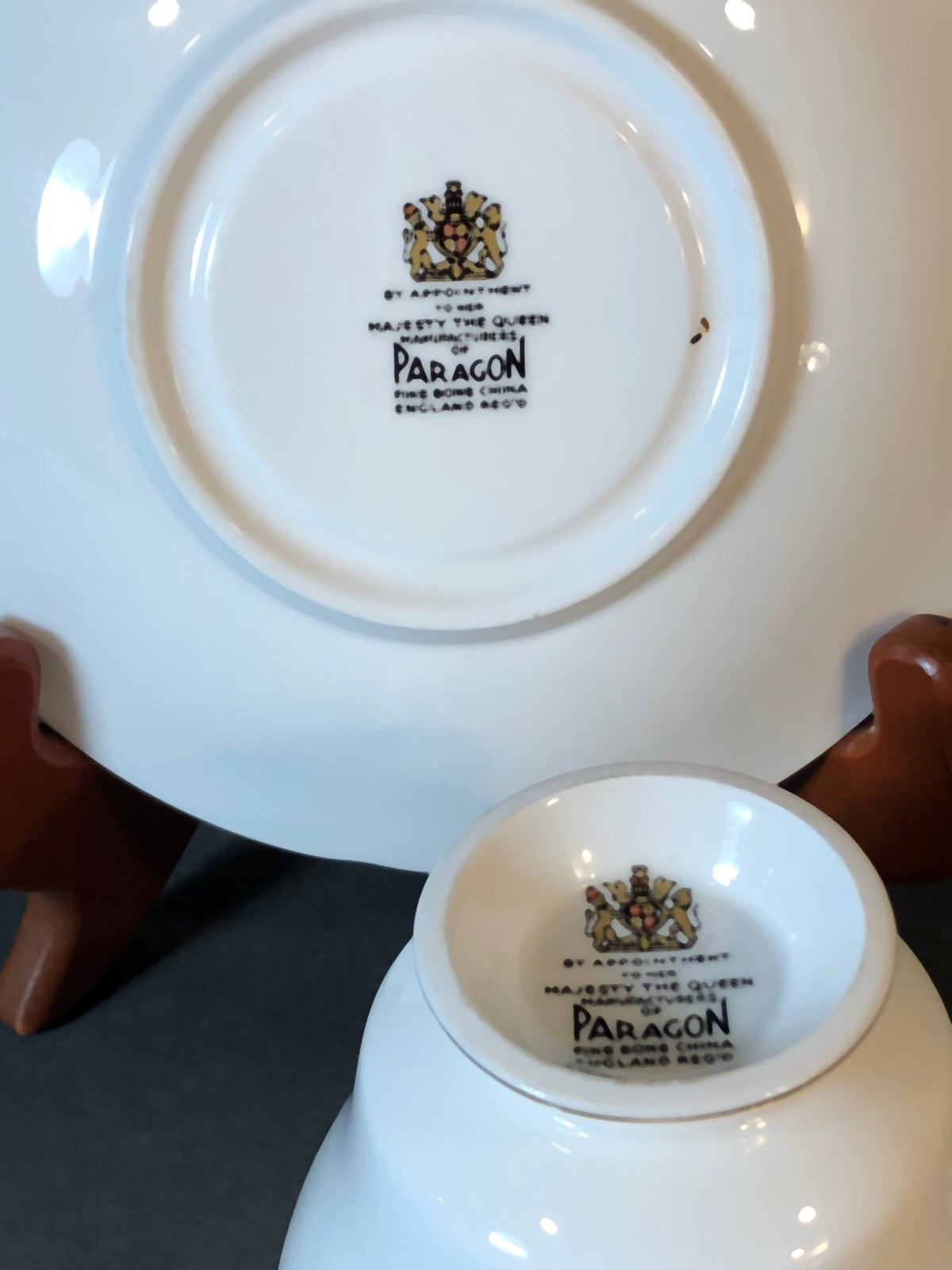 Bottom view showing Paragon mark on white porcelain cup and saucer