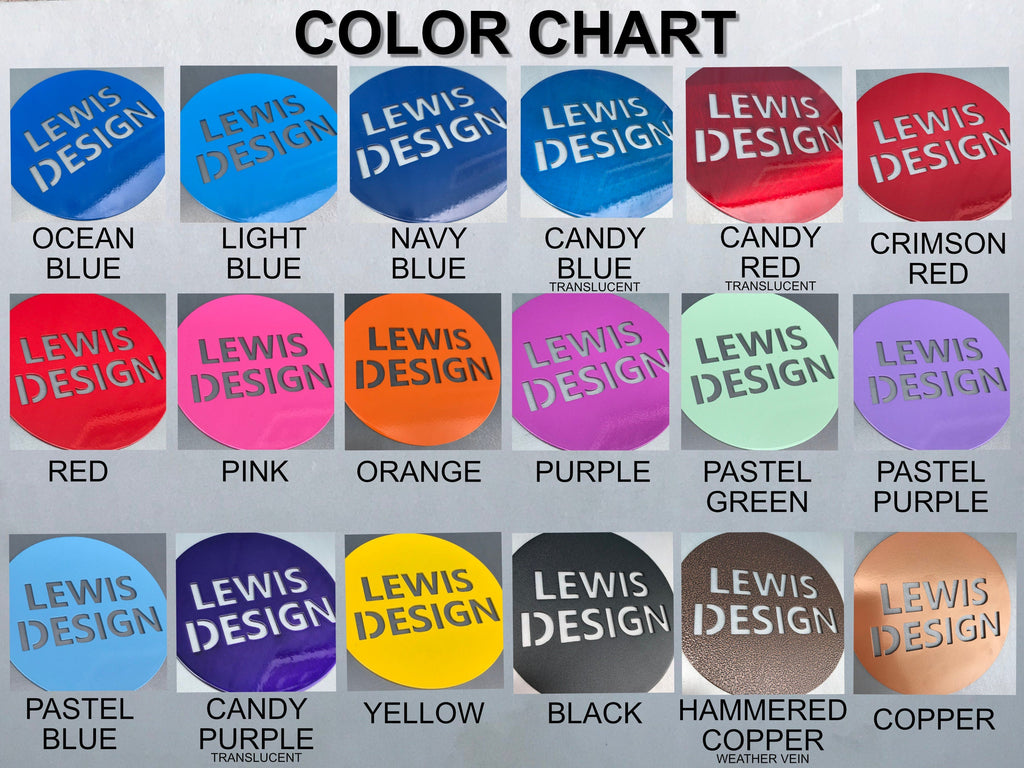 Lewis Design color chart showing multiple metal finish swatches and “COLOR CHART”