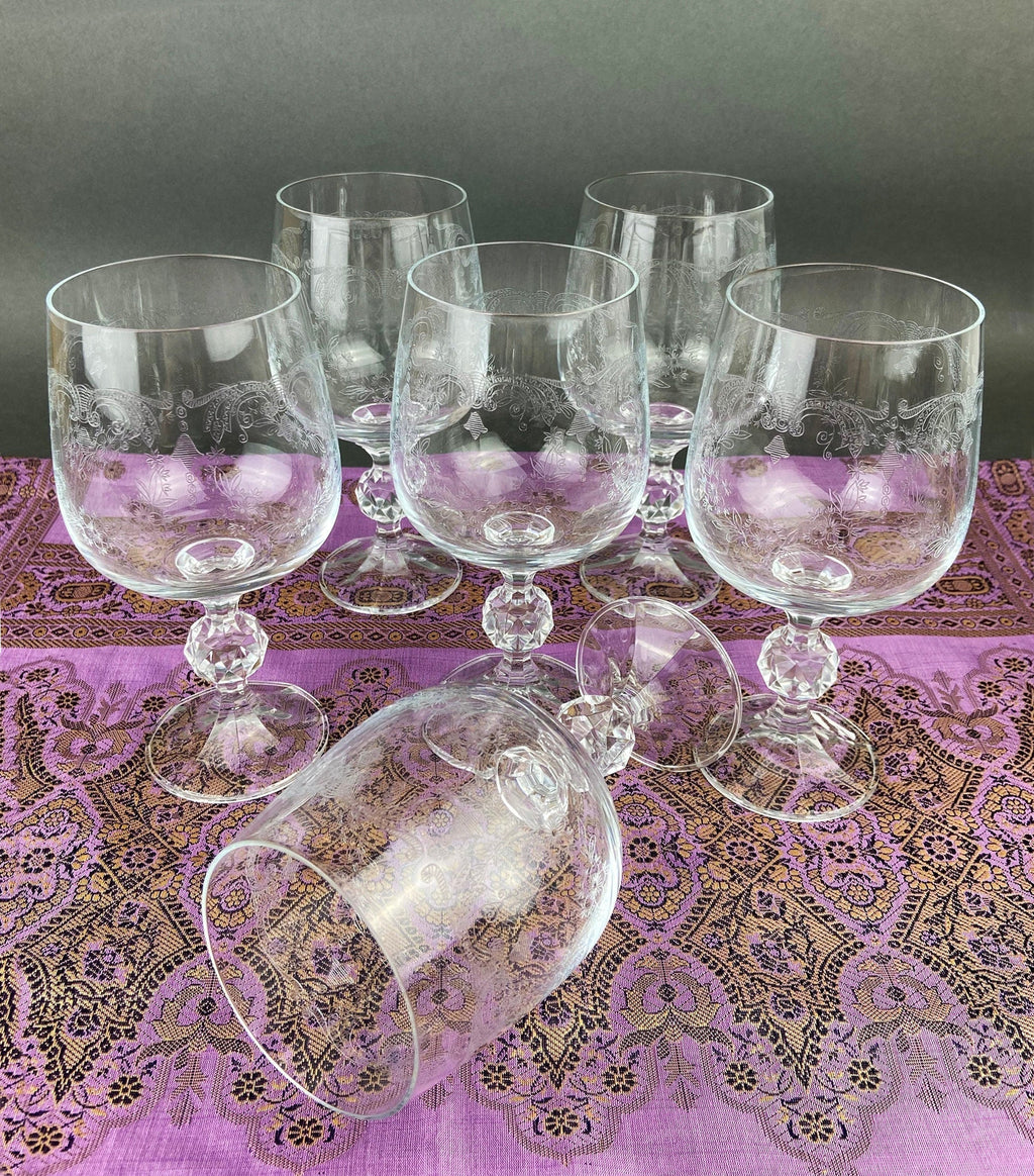 Set of 6 crystal goblets, lace-etched bowls and faceted stems