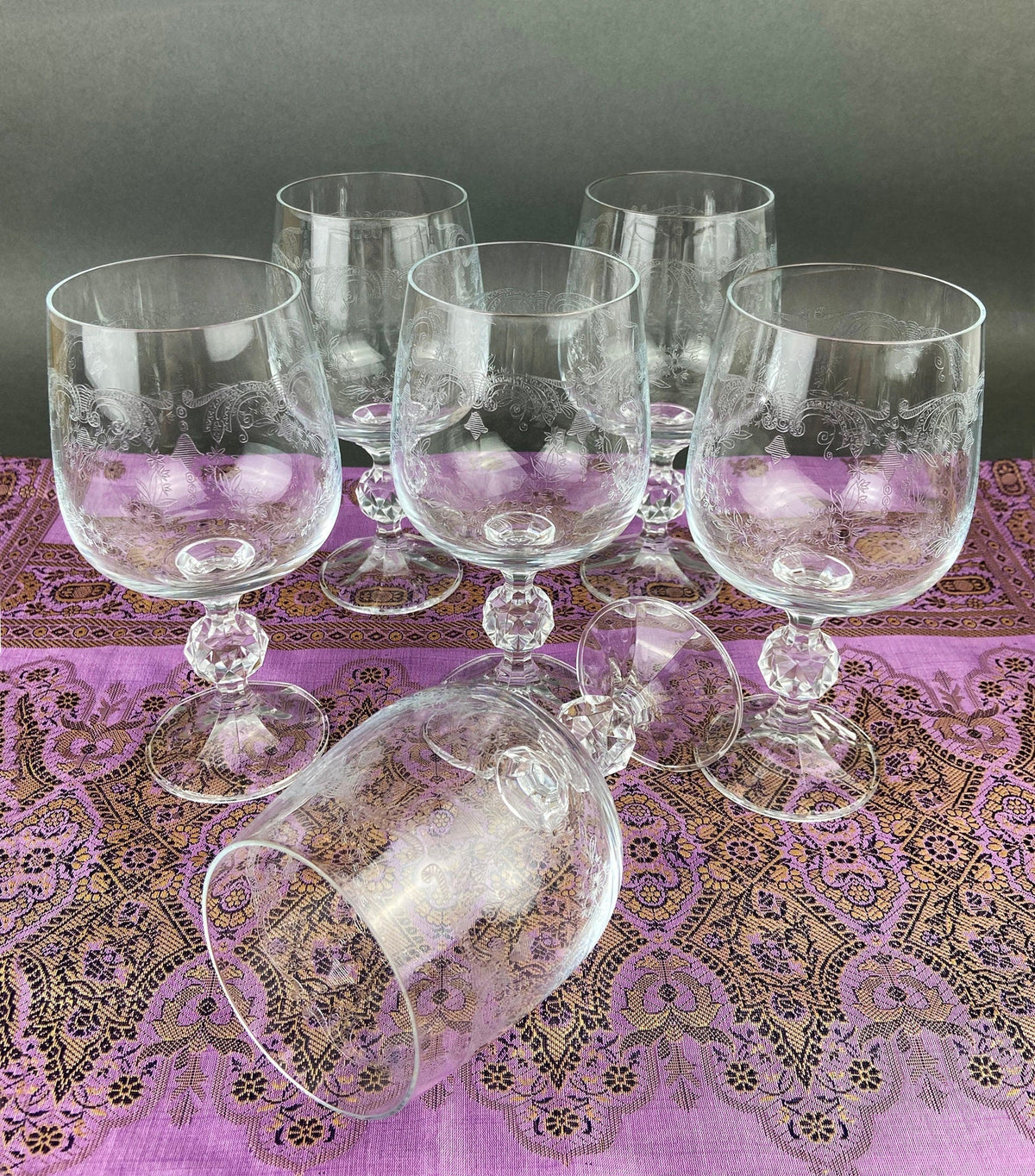 Set of 6 crystal goblets, lace-etched bowls and faceted stems