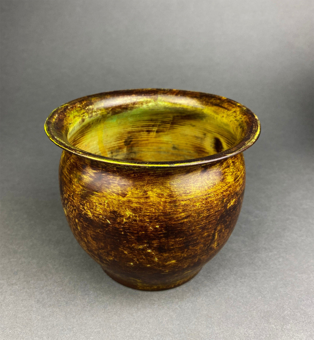Rustic hammered brass flower pot vase with wide rim, open top