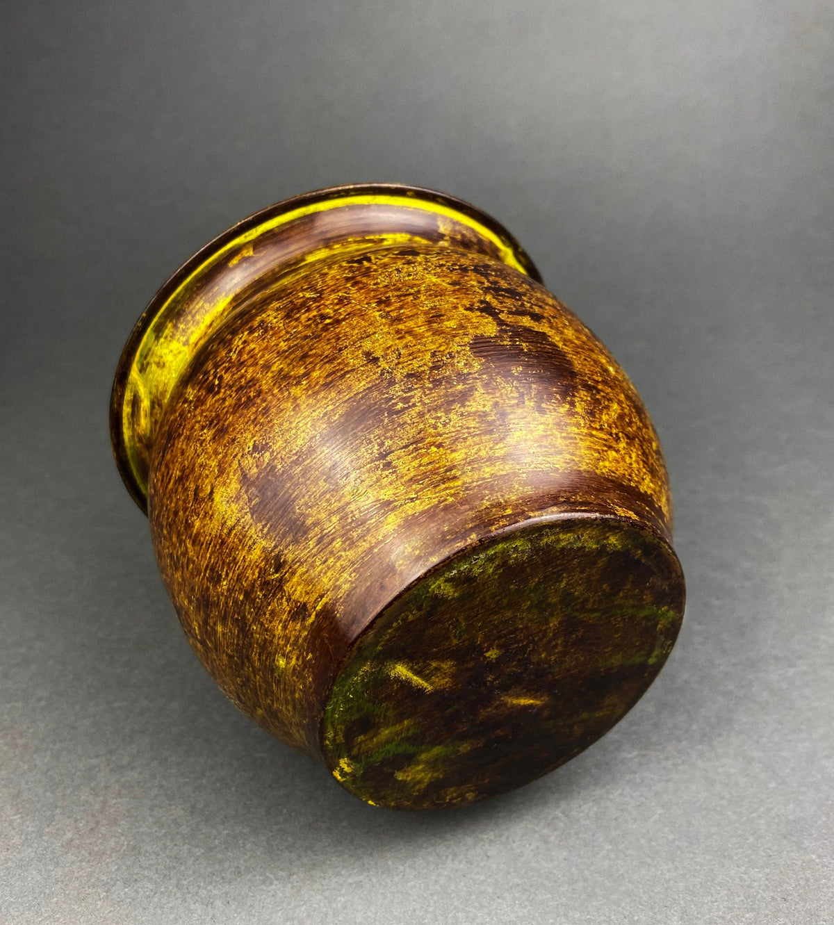 Vintage hammered brass vase with wide mouth and mottled green-brown finish